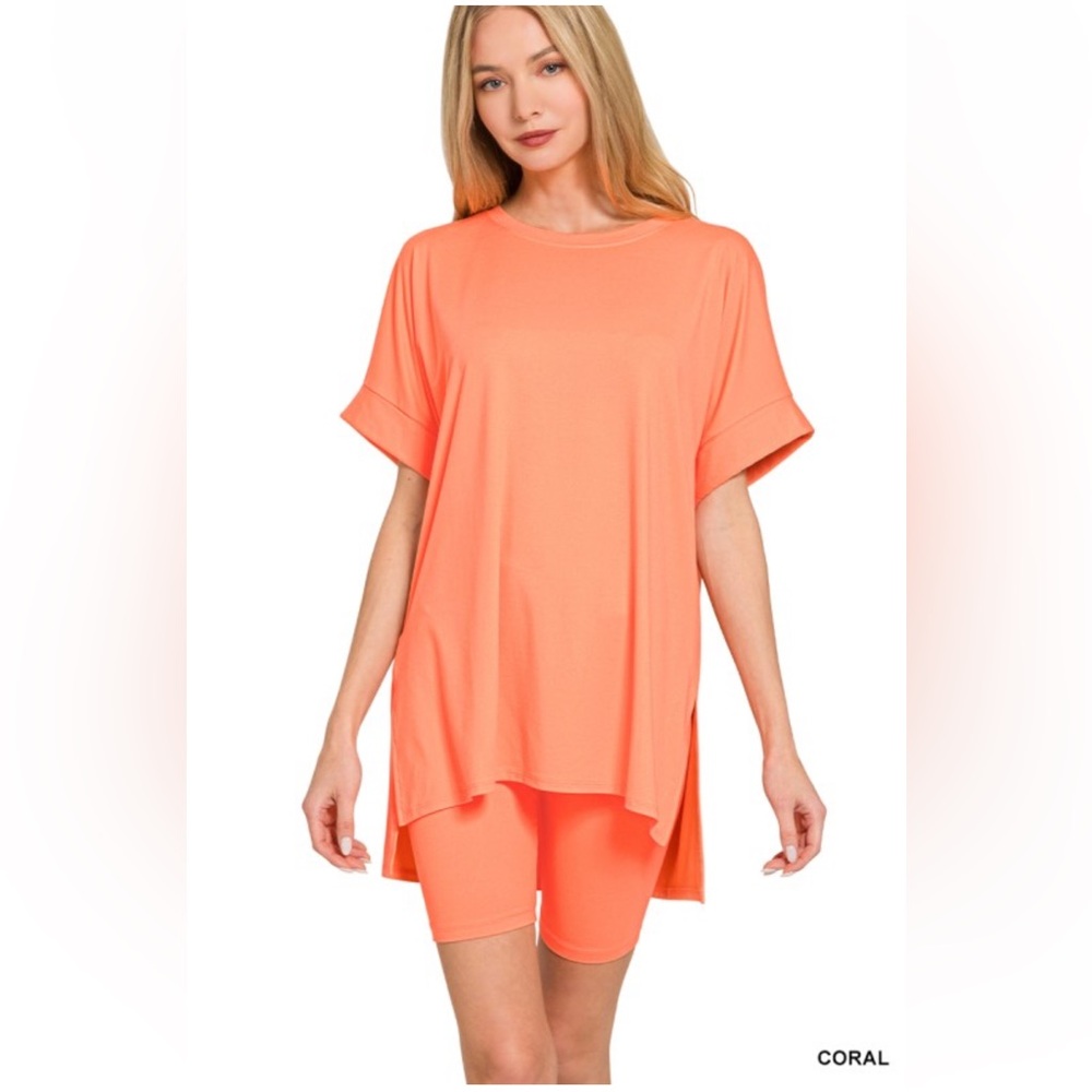 NWT! 2pc Set Soft CORAL Brushed Dty Microfiber R-neck Top & Biker Shorts